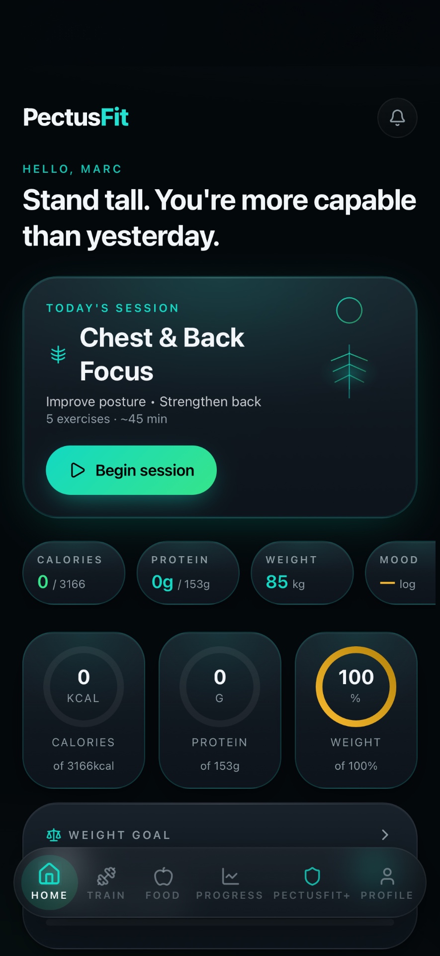 PectusFit app home screen showing today's Chest & Back Focus session, calories, protein, weight and mood tracking for someone with Pectus Excavatum