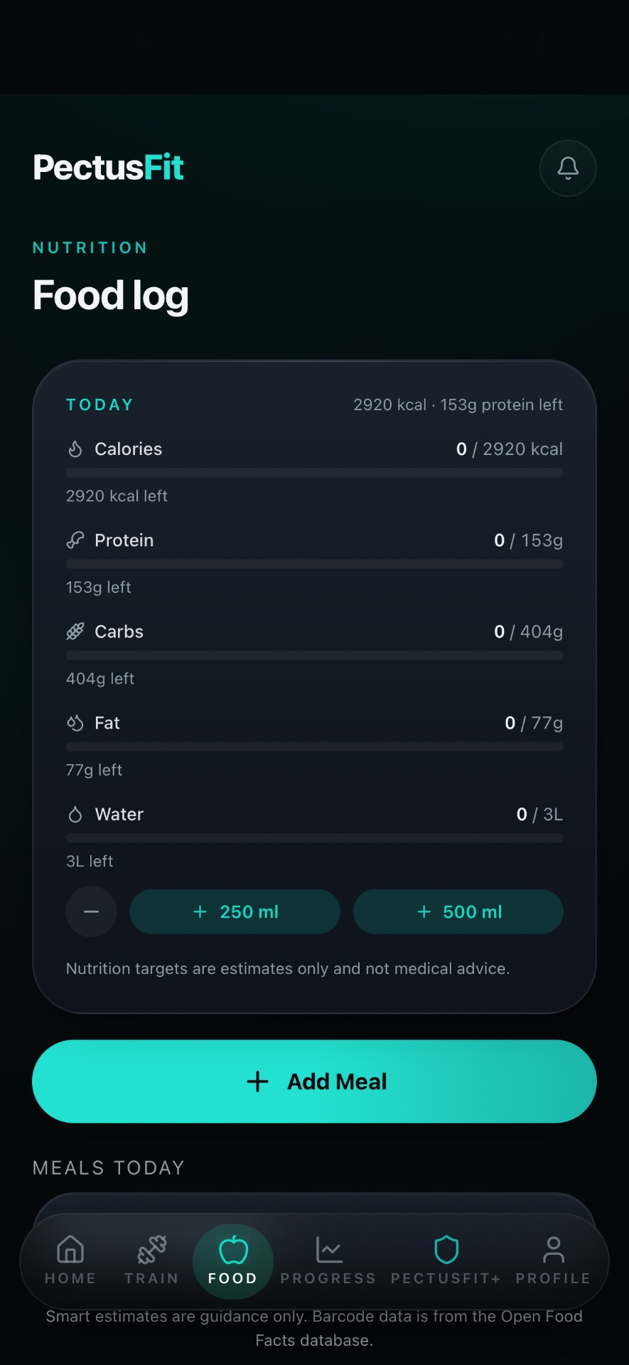 Nutrition tracking and calorie goals inside PectusFit