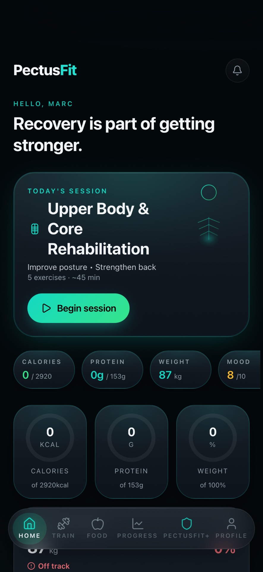 PectusFit home dashboard showing posture, strength and progress tracking