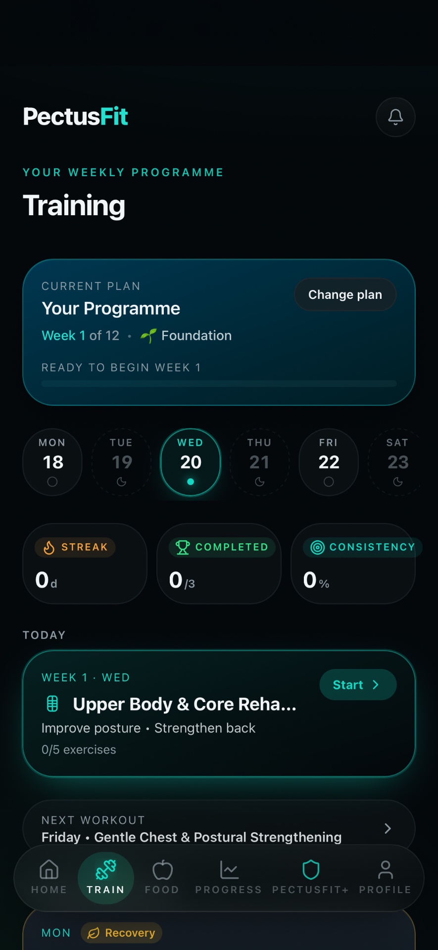 PectusFit app screen showing a weekly pectus excavatum workout plan with incline pressing, chest-supported rows and posture exercises